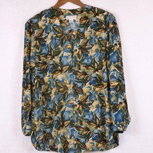 Regina Porter Work Shop Women's SZ M Blue and Brown 100% Silk Long Sleeve Blouse